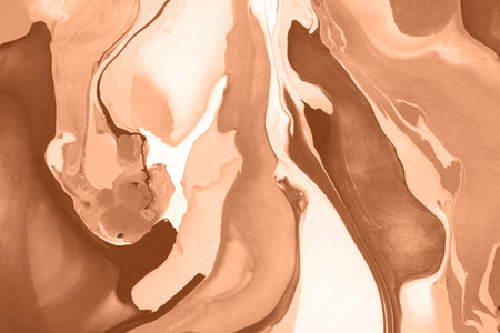 The texture of marble. Abstract background, made in the technique of fluid art. Demonstrating the colors of 2024 - Peach Fuzz.の写真素材
