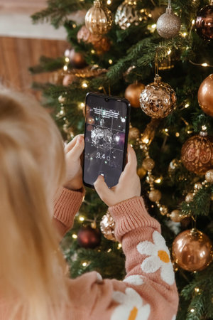 A little blonde girl photographs balloons on a Christmas tree in a festive interior decorated in a New Years style. The concept of a merry Christmas.の写真素材