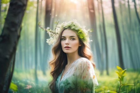 Portrait of a young beautiful woman with healthy skin against a background of green trees, made in the technique of double exposureの素材