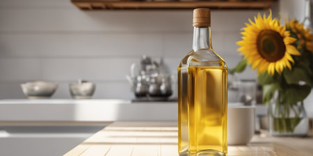 Bottle of sunflower oil in the white light kitchen with wooden facades and appliances.の写真素材