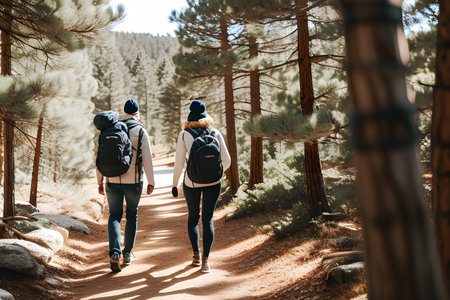 Tourists with backpacks walking through the autumn forest, view from the back