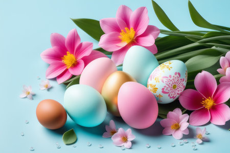Colorful Easter eggs and blooming pink flowers on light blue background.の素材
