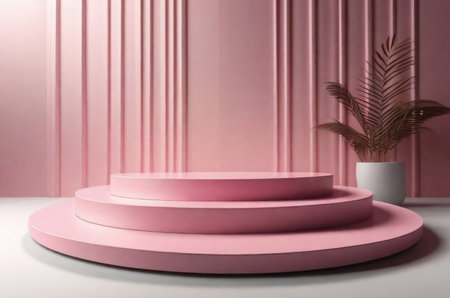 Three-dimensional pink realistic product podium in rays of light on a monochrome background.の写真素材