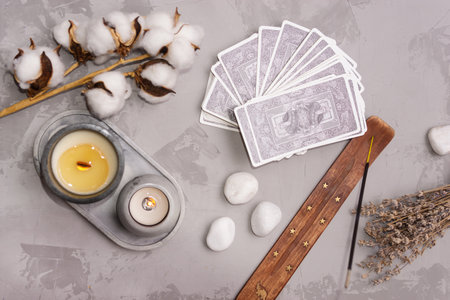TVER, RUSSIA - FEBRUARY 18, 2024. Tarot cards, Tarot card divination, fortune telling. Occultism, esoteric education.のeditorial素材