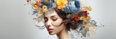 Double exposure of woman with spring flowers overlay - creative design with empty space for textの素材