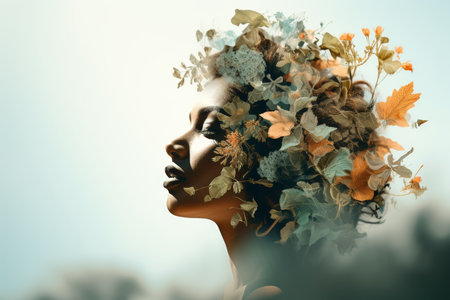 Double exposure portrait of woman with spring flowers on her face, creative spring conceptの素材