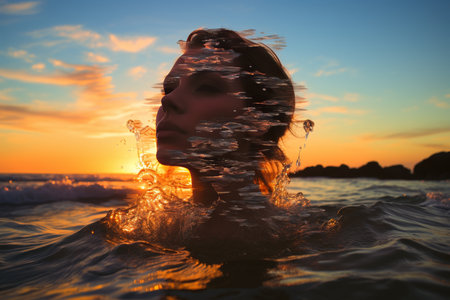Double exposure of womans silhouette against stunning vibrant ocean sunset, tranquil beautyの素材