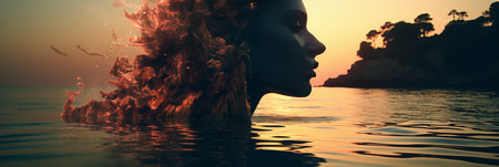 Beautiful double exposure of womans silhouette with stunning ocean sunset backgroundの素材