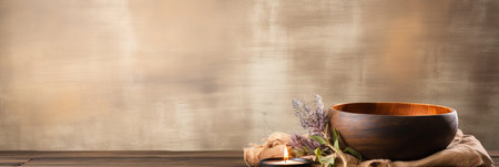 Antique singing bowl resting on rustic table for creating a serene atmosphere in meditation spaceの素材