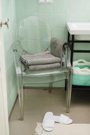 Budget bathroom interior in bright colors. Details of the bathroom interior