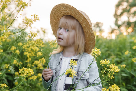 Blonde girl in a field with yellow flowers. A girl in a straw hat is picking flowers in a field. A field with rapeseed.の写真素材