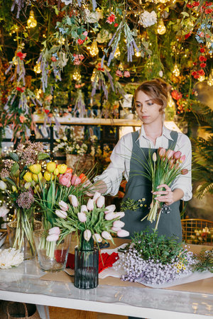 A woman in her florist shop collects bouquets of flowers. The concept of a small business. Bouquets of tulips for the holiday on March 8.の写真素材