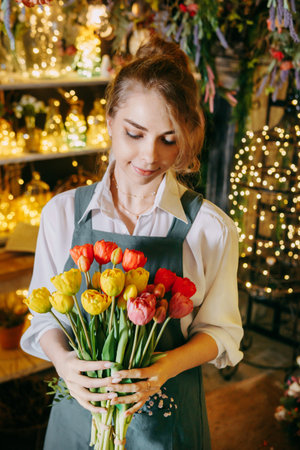 A woman in her florist shop collects bouquets of flowers. The concept of a small business. Bouquets of tulips for the holiday on March 8.の写真素材