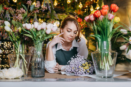 A woman in her florist shop collects bouquets of flowers. The concept of a small business. Bouquets...