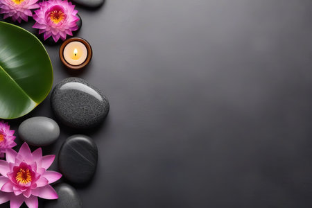 Spa gray background with massage stones, exotic flowers and copy spaceの写真素材