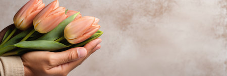 Man holding beautiful tulip bouquet in kraft paper against light wall with copy spaceの写真素材