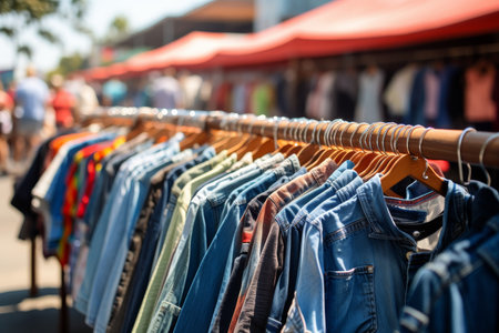 Assortment of colorful clothes displayed on clothing rack at lively street market for shoppersの写真素材