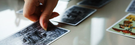 TVER, RUSSIA - FEBRUARY 11, 2023. Tarot cards, Tarot card divination, esoteric background. A woman makes a layout on the cards at the table. Divination, predictions on tarot cards.のeditorial素材
