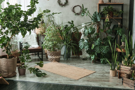 A fragment of the interior with a variety of indoor plants and plaster sculptures. Urban jungle concept. Biophilia design.の写真素材