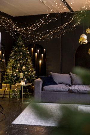 Christmas interior with a beautiful Christmas tree, sofa, light bulbs and dark backgroundの写真素材