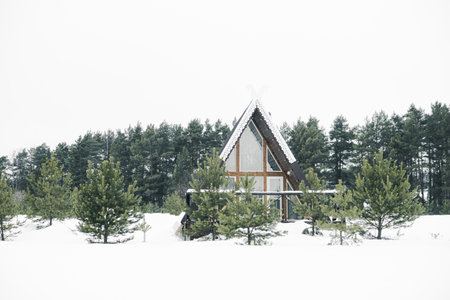 A country house in nature in winter. Rest in an ecologically clean place in winter. Glamping in natureの写真素材
