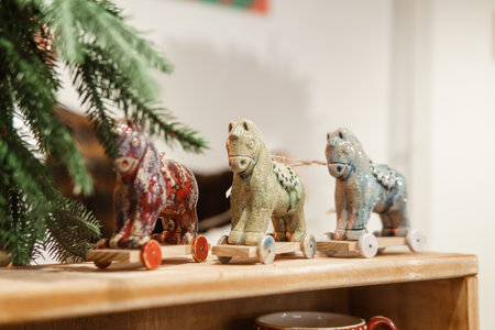 Sale of handmade ceramic Christmas tree toys at the Christmas Fair. Black Friday for the winter holidaysの写真素材