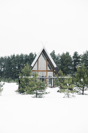 A country house in nature in winter. Rest in an ecologically clean place in winter. Glamping in natureの写真素材