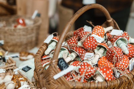 Handmade ceramic Christmas tree toys at the Christmas Fair. Black Friday for the winter holidaysの写真素材