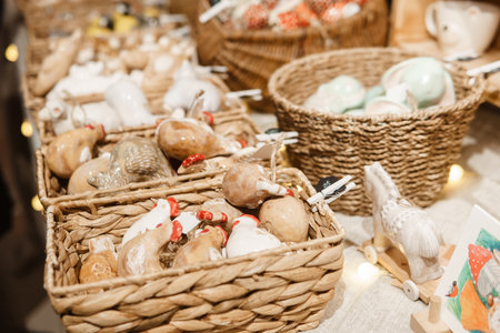Sale of handmade ceramic Christmas tree toys at the Christmas Fair. Black Friday for the winter holidaysの写真素材