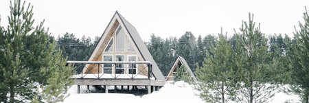 A country house in nature in winter. Rest in an ecologically clean place in winter. Glamping in natureの写真素材