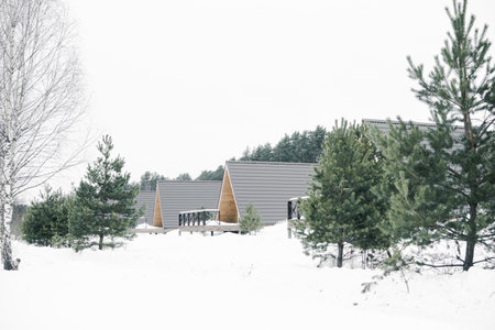 A country house in nature in winter. Rest in an ecologically clean place in winter. Glamping in natureの写真素材