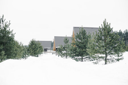 A country house in nature in winter. Rest in an ecologically clean place in winter. Glamping in natureの写真素材