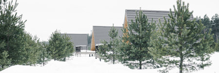 A country house in nature in winter. Rest in an ecologically clean place in winter. Glamping in natureの写真素材