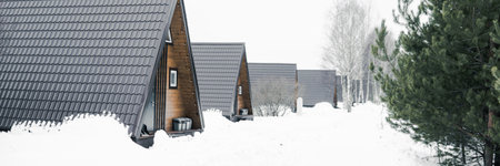 A country house in nature in winter. Rest in an ecologically clean place in winter. Glamping in nature.の写真素材
