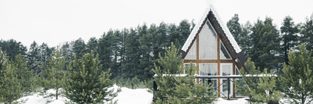 A country house in nature in winter. Rest in an ecologically clean place in winter. Glamping in nature.の写真素材