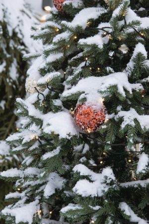 Christmas trees decorated with red balloons in front of the cafe entrance. Street New Year decorations.の写真素材