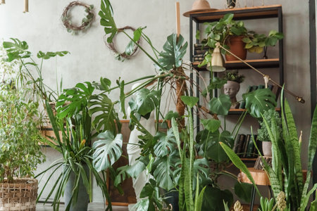 A fragment of the interior with a variety of indoor plants and plaster sculptures. Urban jungle concept. Biophilia design.の写真素材