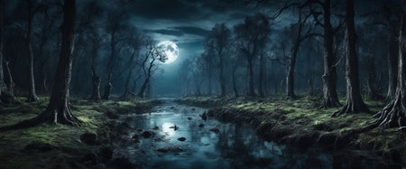 Old creepy trees next to a swampy river in a dark forest on a full moon. The concept of Halloween. Dark, frightening background for a poster, wallpaper, bannerの写真素材
