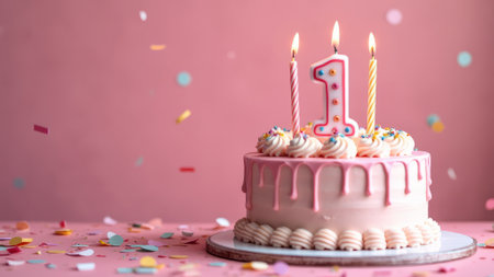 A festive celebration of the third birthday with a cake and confetti in pink pastel colors, a candle with the number 1 on the cakeの写真素材