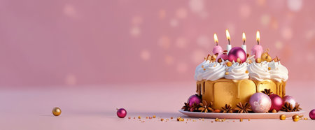 Celebrating the new year with a cake in gold and pink tones on a plain pink background, the cake is decorated with snowflakes and Christmas balls with copy spaceの写真素材