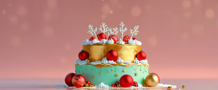 Celebrating the new year with a cake in gold and pink tones on a plain pink background, the cake is decorated with snowflakes and Christmas balls with copy spaceの写真素材