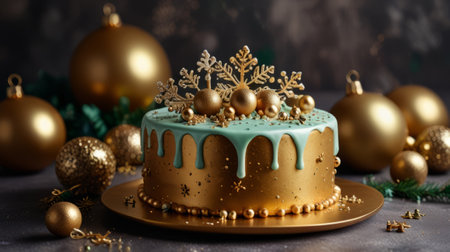 Celebrating the new year with a cake in gold and green tones on a plain dark background, the cake is decorated with snowflakes and Christmas balls with copy spaceの写真素材