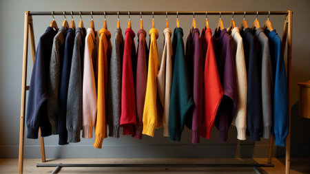A rainbow of sweaters neatly arranged on hangers in a retail shop. Clothes for the autumn-winter...