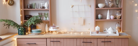 Cozy kitchen with wooden shelves and festive decorations. Demonstrating the colors of 2025 year - Mocha Mousseの写真素材