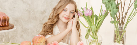 A girl with long hair in a light dress is sitting at the Easter table with cakes, spring flowers and...