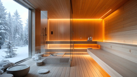 Scandinavian modern sauna interior photo, orange light, professional photo.の写真素材