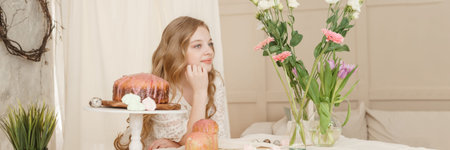 A girl with long hair in a light dress is sitting at the Easter table with cakes, spring flowers and...