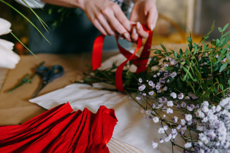 A florist works on preparing beautiful floral arrangement. Various flowers and materials lie on the table, emphasizing the artistic and inspiring atmosphere associated with floral design and presentation.の写真素材