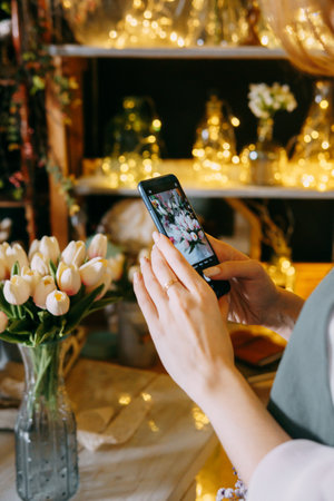 Close-up of person photographing bouquet of white tulips using smartphone in floral arrangement shop. Background features beautiful lighting and floral decor, creating a warm and inviting atmosphere.の写真素材