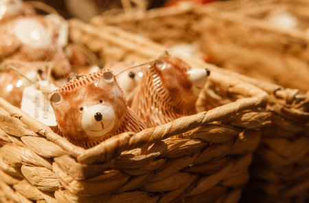 Sale of handmade ceramic Christmas tree toys at the Christmas Fair. Black Friday for the winter holidaysの写真素材